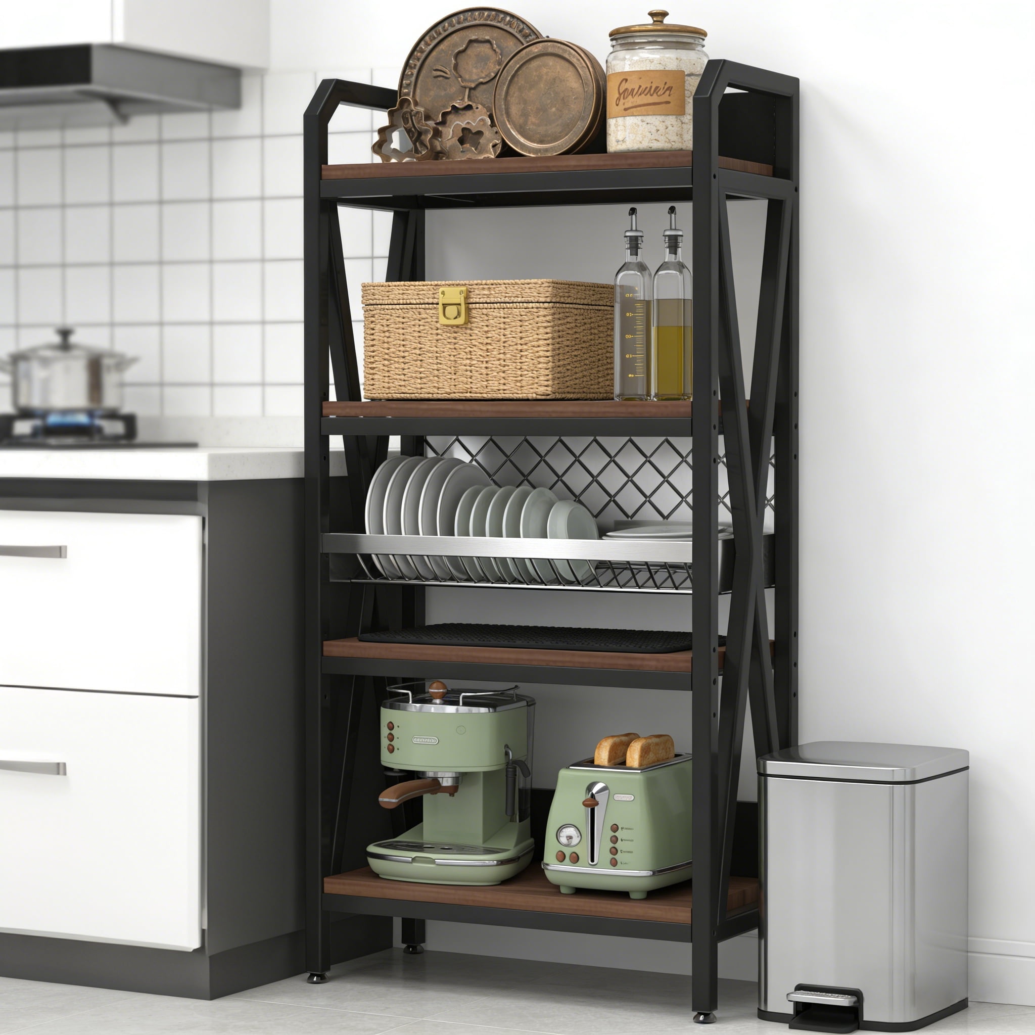 Bakers Rack, Kitchen Shelf, 4-Tier Metal and Wood Storage Shelves for Pantry, Garage, or Bathroom, 25.60" Length, Black and Brown