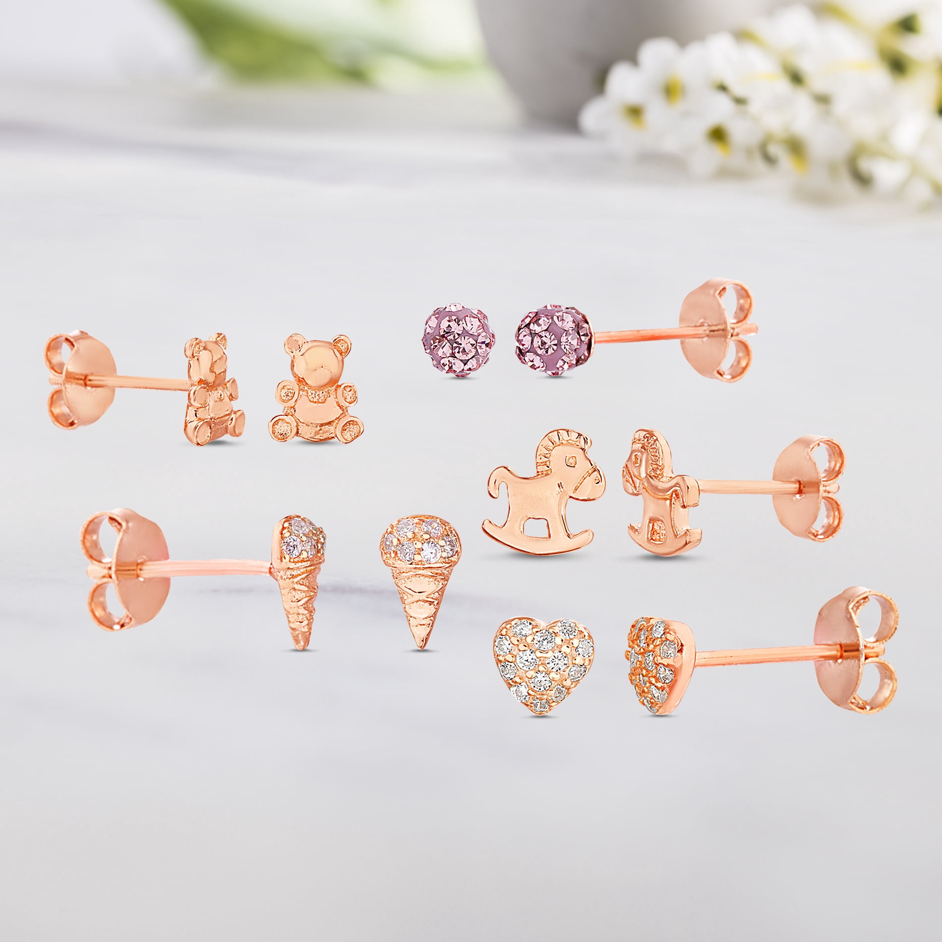 Beloved & Inspired Kid's Cubic Zirconia Bear Pony Ice Cream Ball Heart Stud Earrings Set, Rose Gold Plated Sterling Silver
