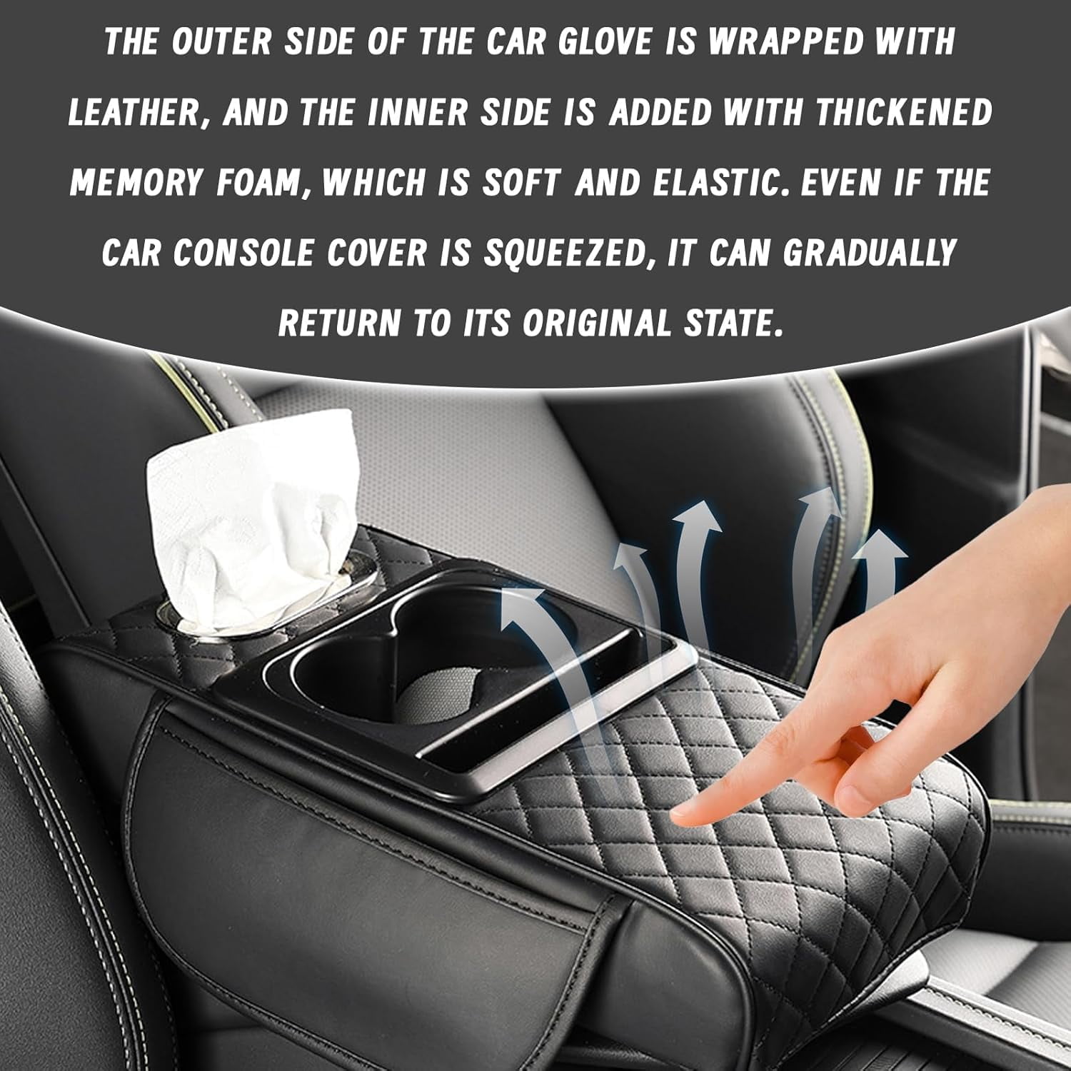 Car interior accessories armrest box with 2 Side Pockets, Cup Holder, Phone Holder, and Tissue Box, Memory Foam Center Console Organizer for Most Sedans and SUVs