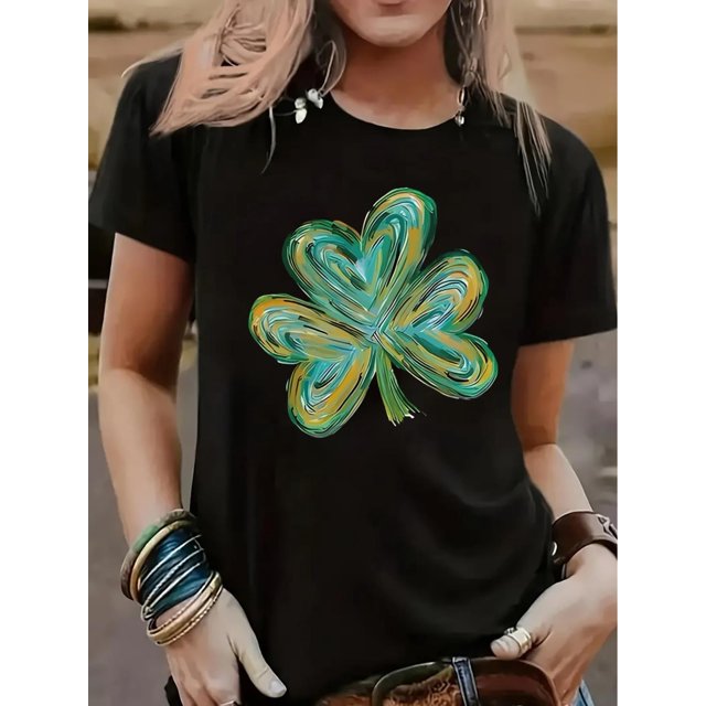 Women's St. Patrick's Day Four-Leaf Clover Graphic T-Shirt - Casual, Versatile, Short Sleeve, Machine Washable, Vibrant Abstract Print, Everyday Fashion|Ethnic Style Tee|Comfortable Fit
