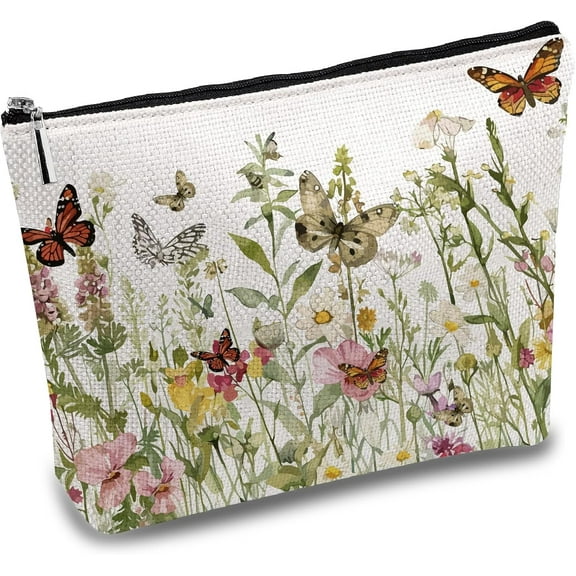 Butterfly Makeup Bags for Women Travel Cosmetic Bag Zipper Pouch Flowering Shrubs Multi Purpose Pencil Case Toiletry Packing Purse Gag Gifts for Daughter Sister Bestie Mom 10x7Inch DIY