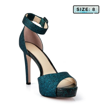 

RLCEGAL Women S Open Toe Heeled Sandals Glitter High Heel Ankle Strap Peep Toe Pump Shoes Dark Green