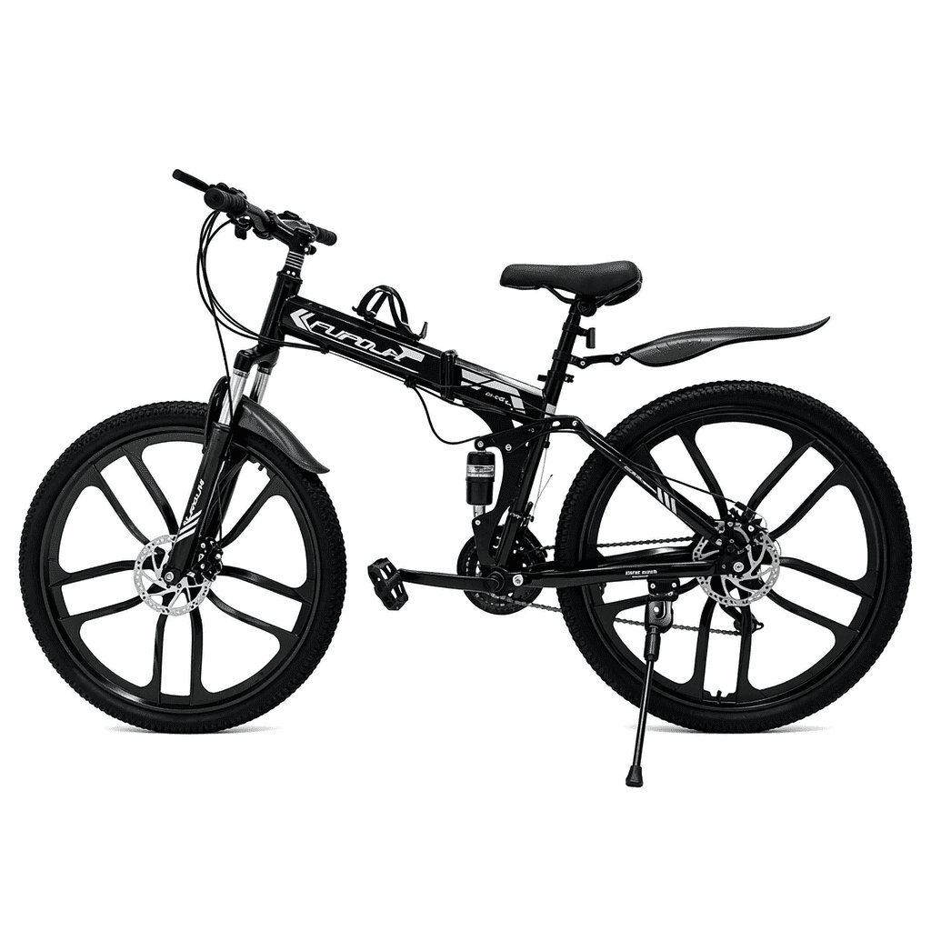 FUPOJH 26" Folding Mountain Bike for Men & Women,21 Speed,Dual Disc Brakes,Dual Suspension,Black