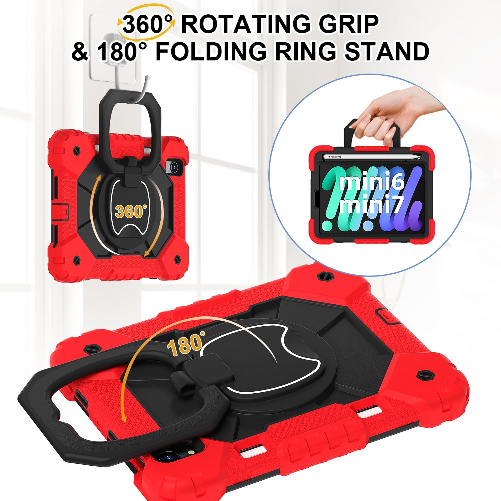 Dteck Case for iPad Mini 7 (A17 Pro) 2024/ Mini 6 8.3" with Screen Protector Soft TPU Film Pencil Holder 360 Rotating Hand Grip Stand,Drop-Proof Case for iPad Mini 7th/6th Generation 8.3",Red Black