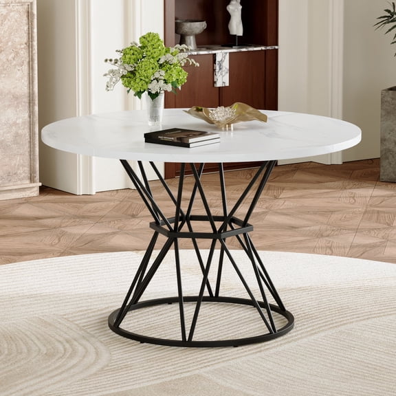 DRNANLIT 47.3-Inch Modern Industrial Round Dining Table with White Marble Wood Grain and Sturdy Black Metal Frame - Stylish and Functional for Dining Rooms, Kitchens, White