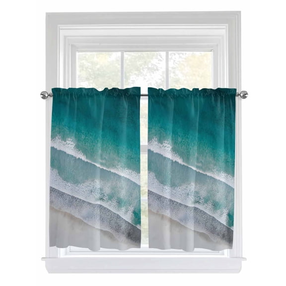 Dark Teal Beach Bathroom Window Curtain, Summer Sea Waves Coastal Nautical Light Filtering Coffee Kitchen Curtains, Bedroom Living Room Curtains 2 Panel 84"x54"