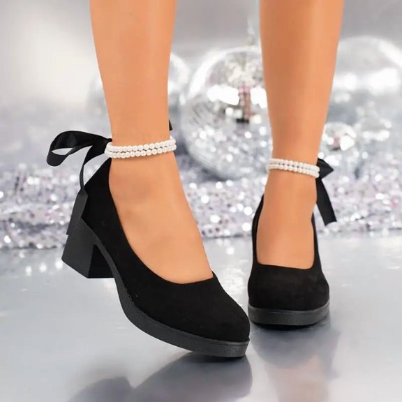 SCHUHLAND Retro Black Suede Mary Jane Pumps for Women, Round Toe, Medium Square Heel, Elegant Pearl Chain Dress Shoes