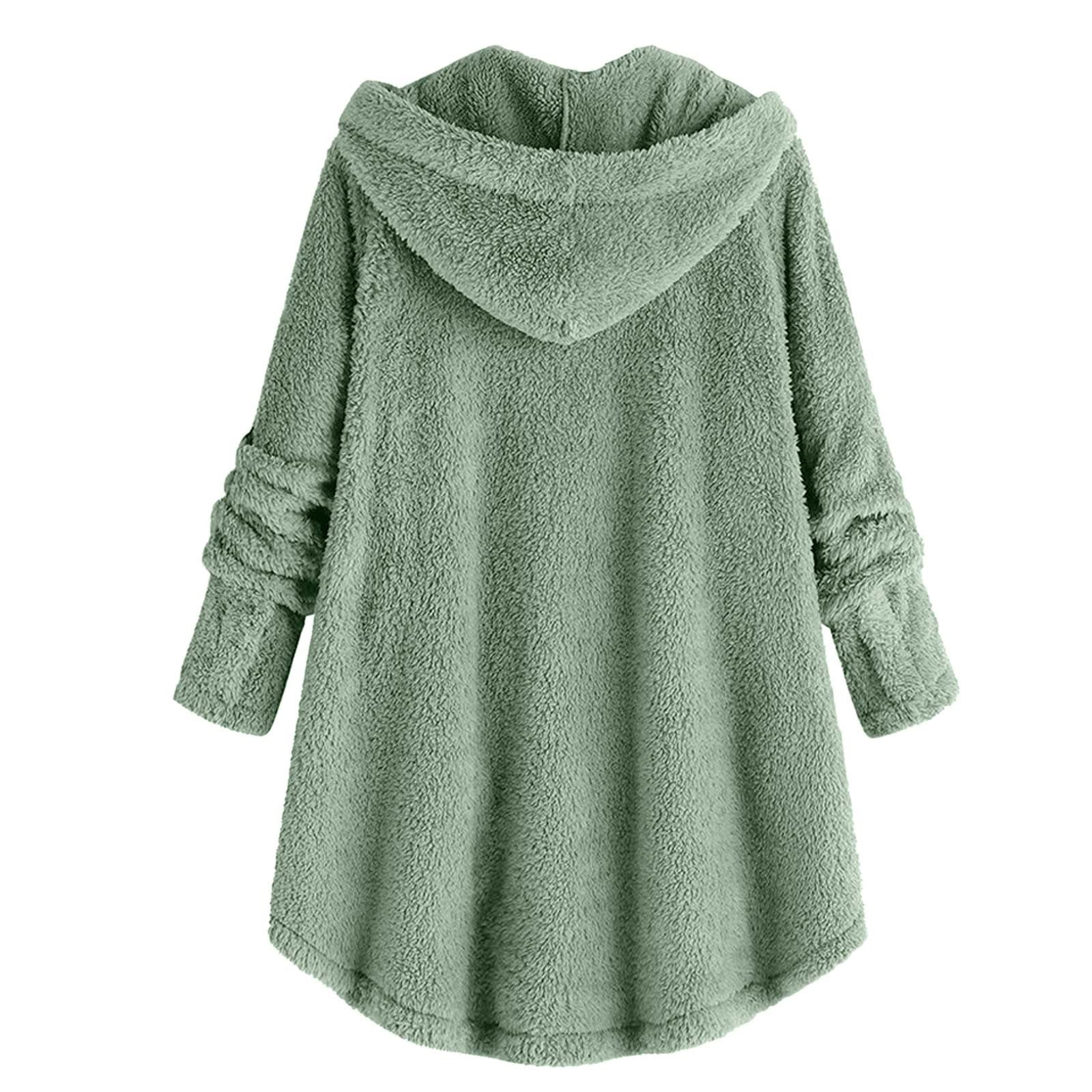 Womens Winter Coats Hooded Plus Size S-5X Fleece Button-Down Long Sleeve Jackets Ladies Casual Solid Soft High Low Hem Warm Outerwear Coat