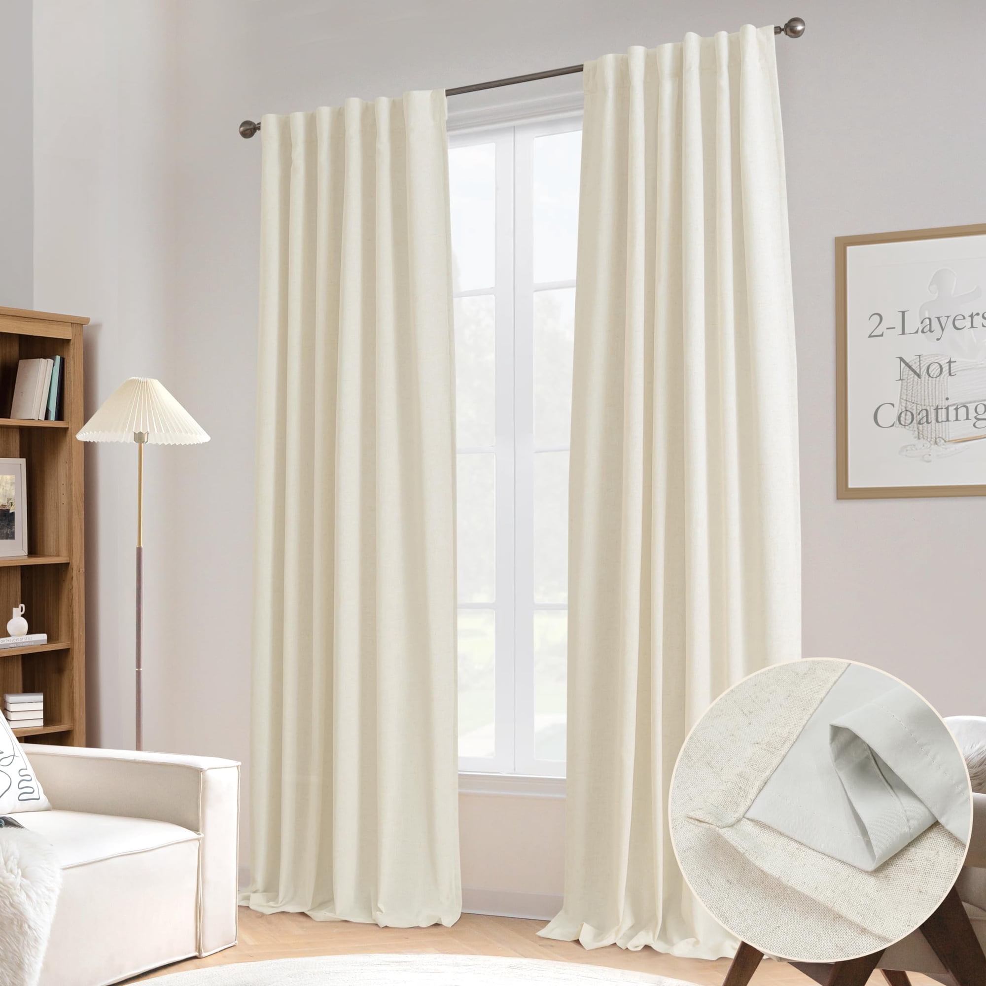 DriftAway 100% Blackout Natural Linen Curtains for Bedroom 108 Inches Long Double Layer Drape Farmhouse Thermal Insulated 3 Inch Rod Pocket Back Tab Full Light Blocking