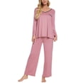 thumbnail image 4 of INSPIRE CHIC Women's Pajama Set Soft Modal Contrast Color Long Sleeve Shirt and Pants Sleepwear 2pcs M Pink, 4 of 5
