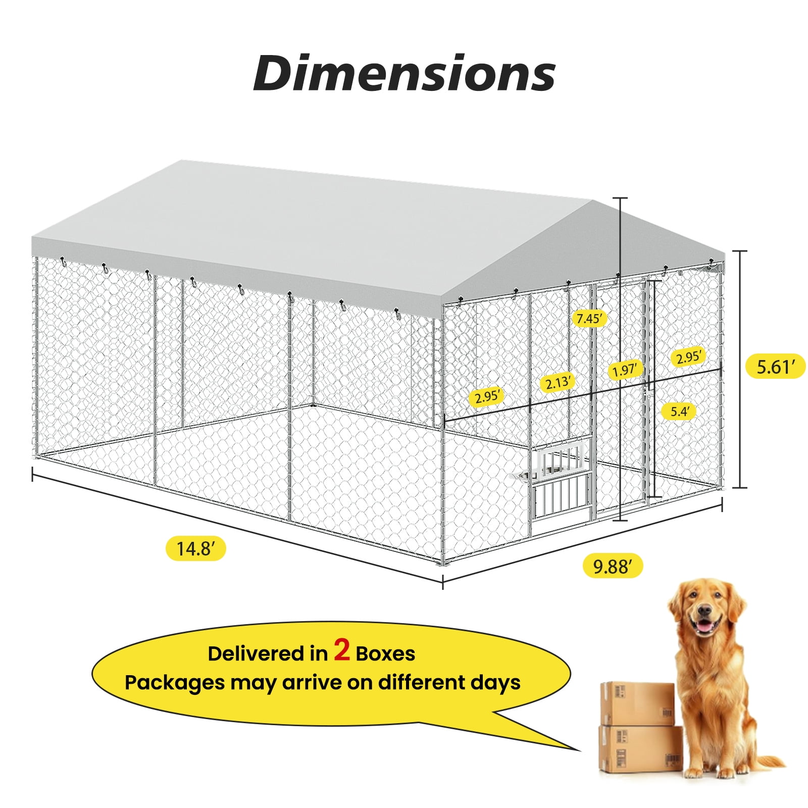 15x10 FT Large Outdoor Dog Kennel with Canopy,Heavy Duty Galvanized Steel,Waterproof Cover,Elevated Feeding Bowls,Escape-Proof Lockable Playpen for Large Dogs & Multiple Pets