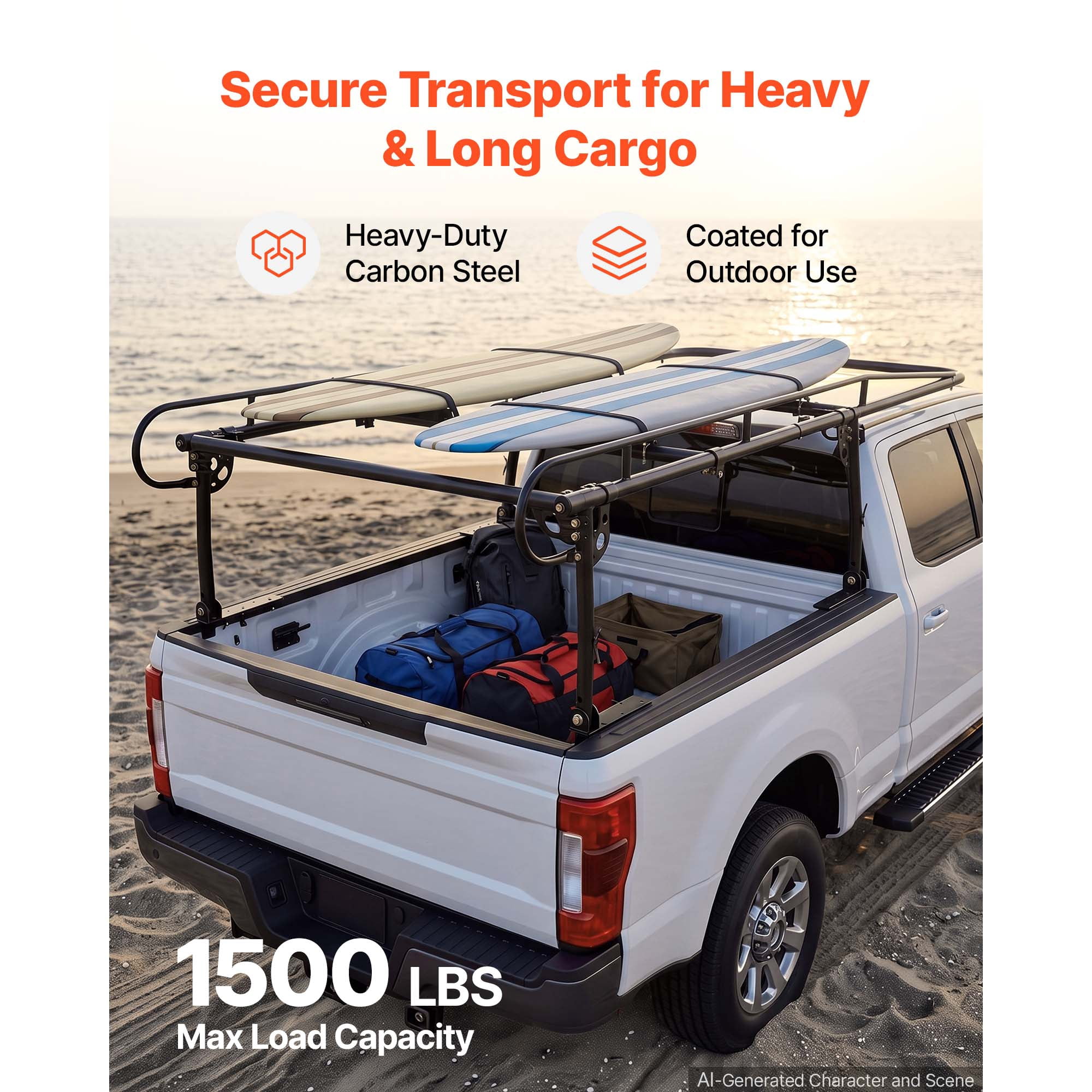 KFFKFF Truck Ladder Rack with 1500LBS Capacity, Adjustable Over-Cab Design for 51.2"-75" Truck Beds, Ideal for Kayaks, Surfboards, Lumber, and Heavy Cargo, Non-Drilling Installation