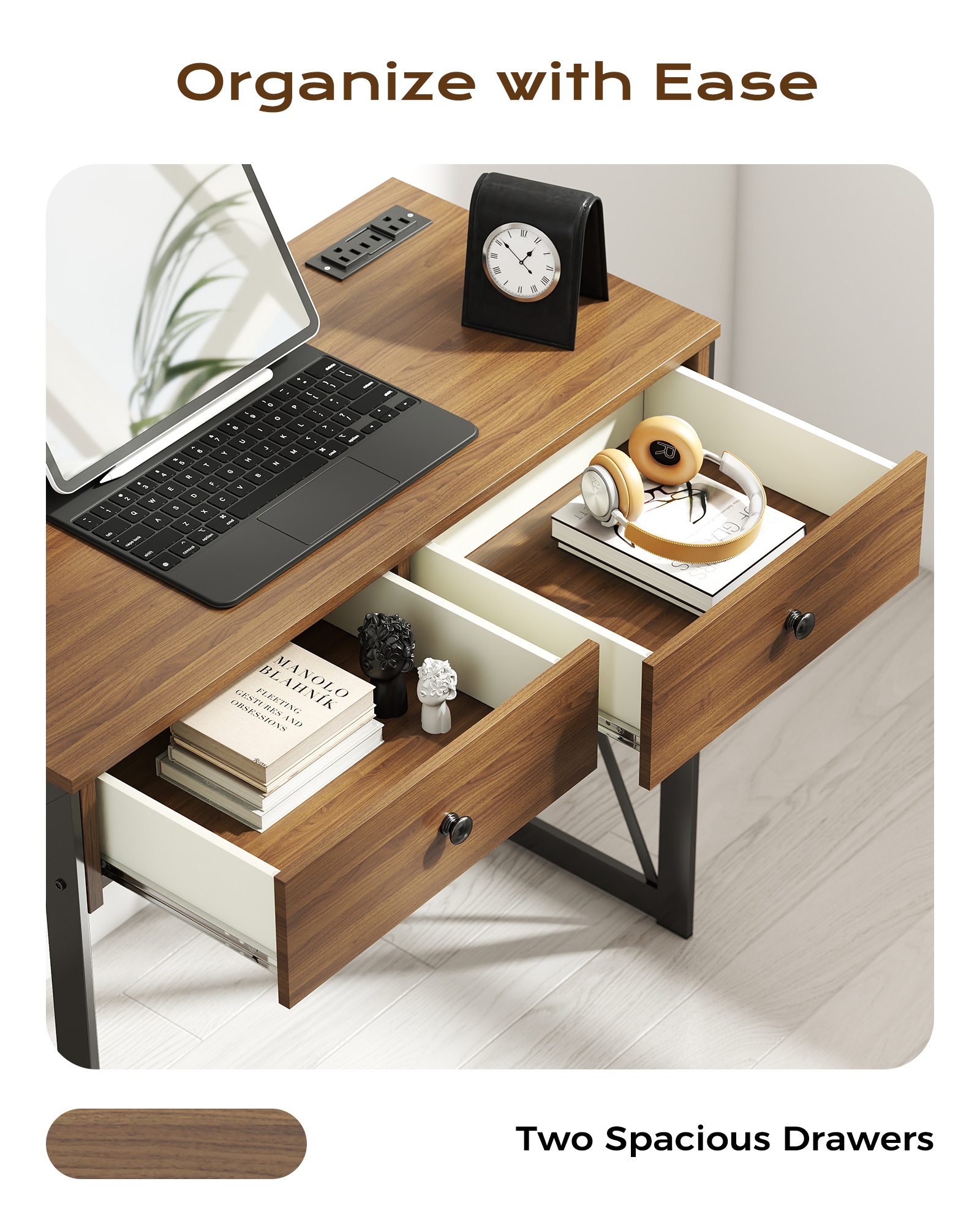 Manora Home Office Desk, Computer Desk Small PC Table with 2 Drawers, X Shaped Legs, Walnut