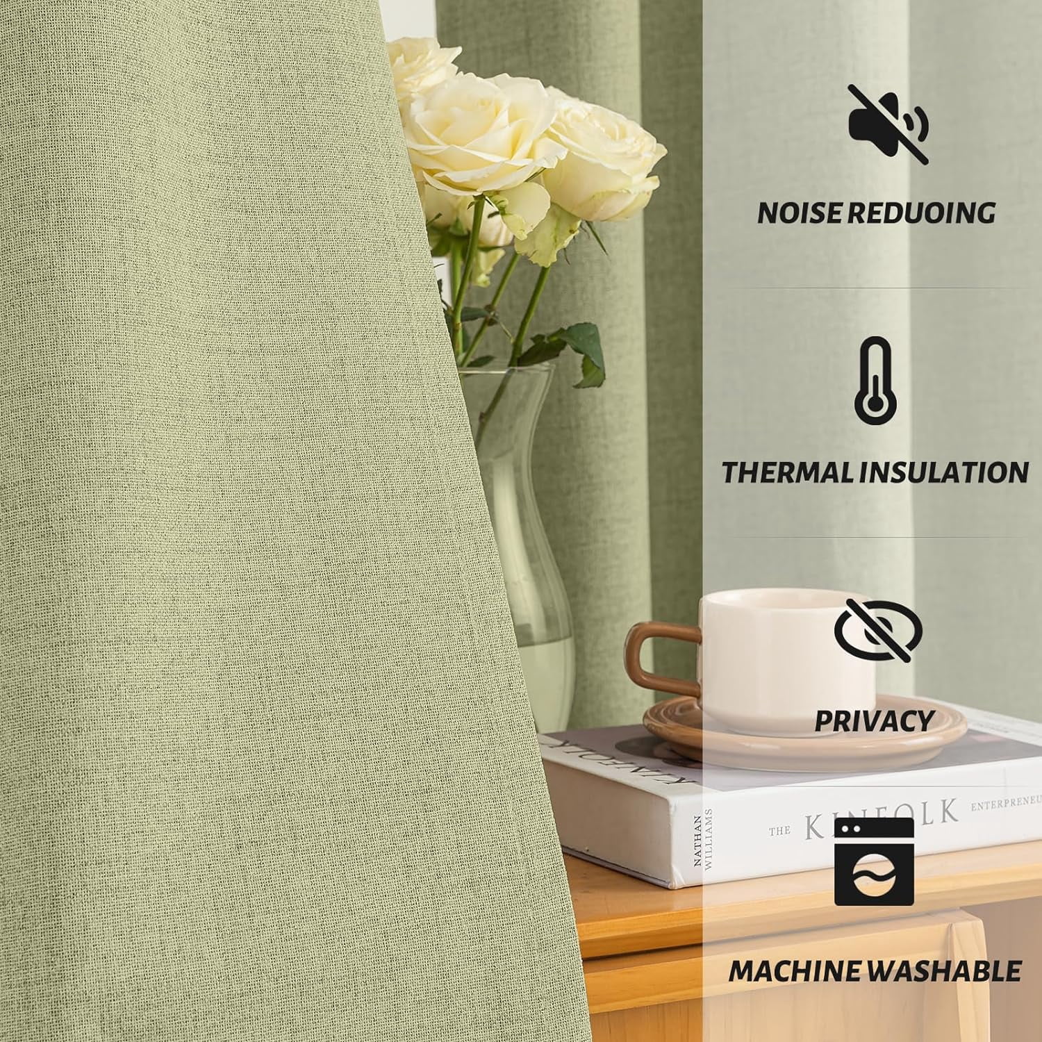 Yakamok Sage Green Linen Curtains 100% Blackout 84 Inches Long,Room Darkening Textured Curtains for Living Room Thermal Grommet Bedroom Curtains 2 Panels with Greyish White Liner