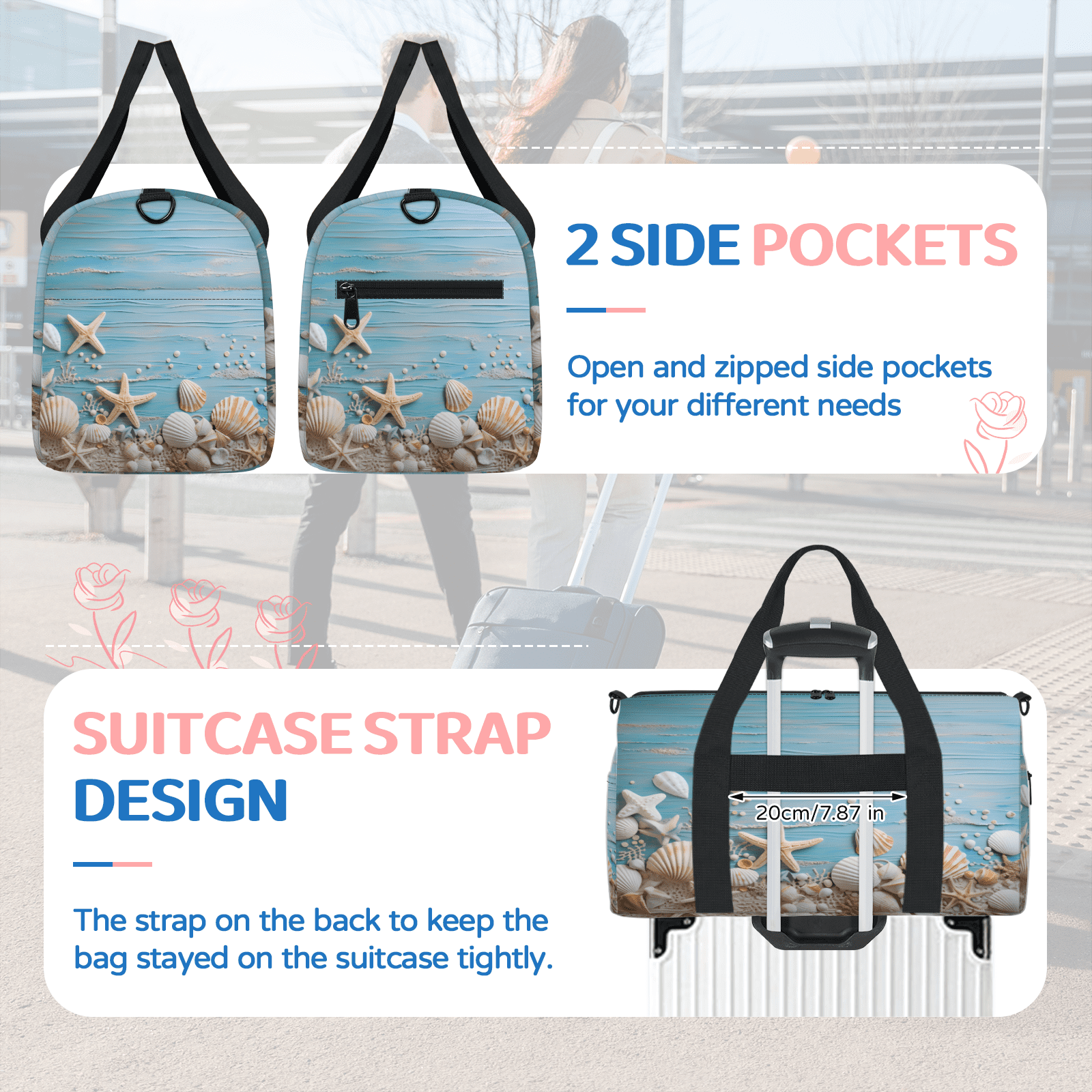 Herdesigns Starfish and Seashells Blue Gym Bag for Women, Duffle Bag for Travel Sport, Beach Coastal Nautical Lightweight Waterproof Carry on Weekender Dance Yoga Workout Bags