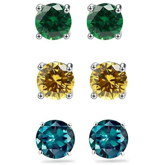 Paris Jewelry 18k White Gold Plated 1Ct Created Emerald, Citrine & Alexandrite 3 Pair Round Stud Earrings