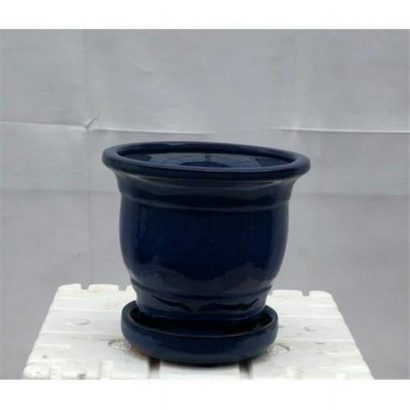 5.75 x 5.75 x 5 in. Blue Ceramic Bonsai Pot with Attached Humidity & Drip Tray, Round