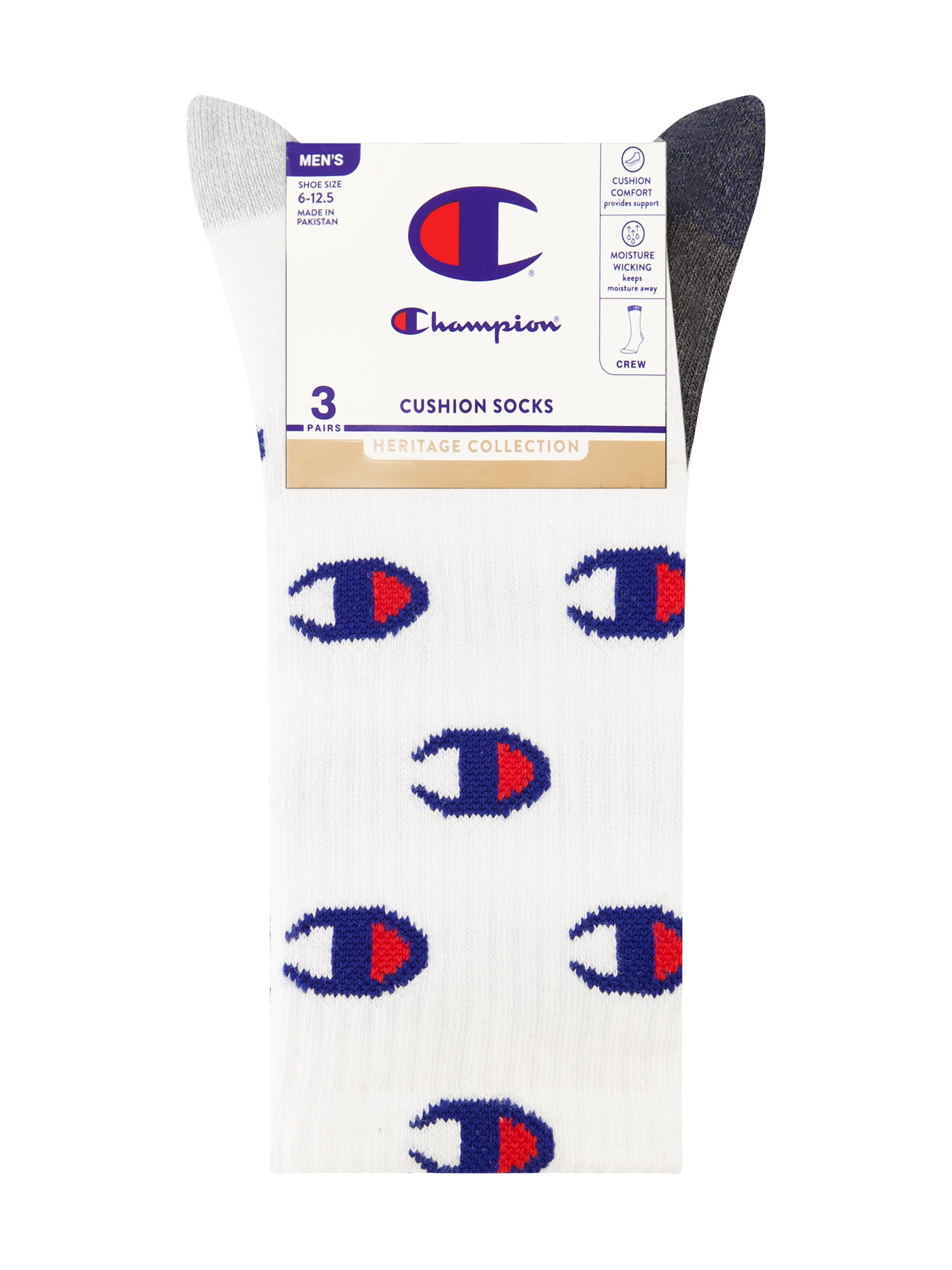 Champion Men’s Crew Socks 3 Pack – Half Terry Cushion, Moisture-Wicking, Arch Support, Stretch Comfort, Sizes 6–12.5