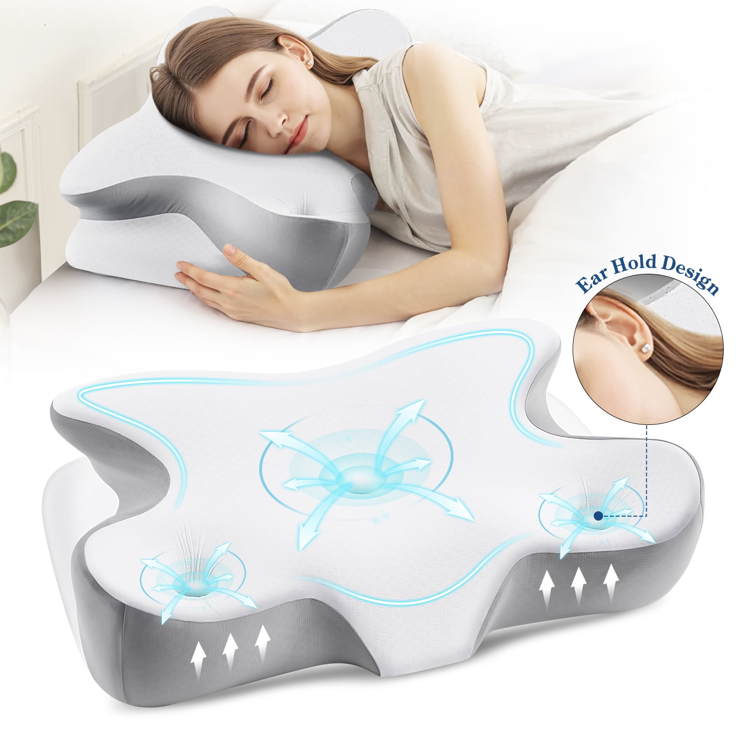 MOONORAH Cervical Pillow for Neck and Shoulder, Ergonomic Side Sleeper Pillow for Neck Support, Contour Memory Foam Pillows for Side Back & Stomach Sleepers with Cooling Pillowcase, Gray