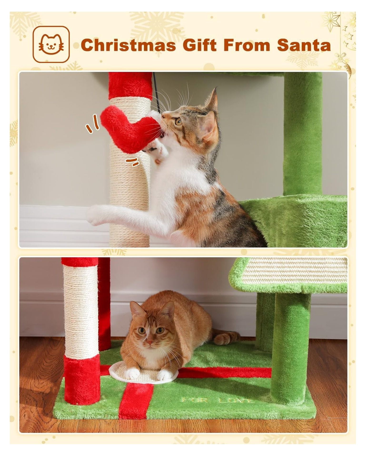 Cat Christmas Tree for Indoor Cats 56.3" - Holiday Cat Tree Tower with Hammock, Scratching Posts & Toys - Festive Red