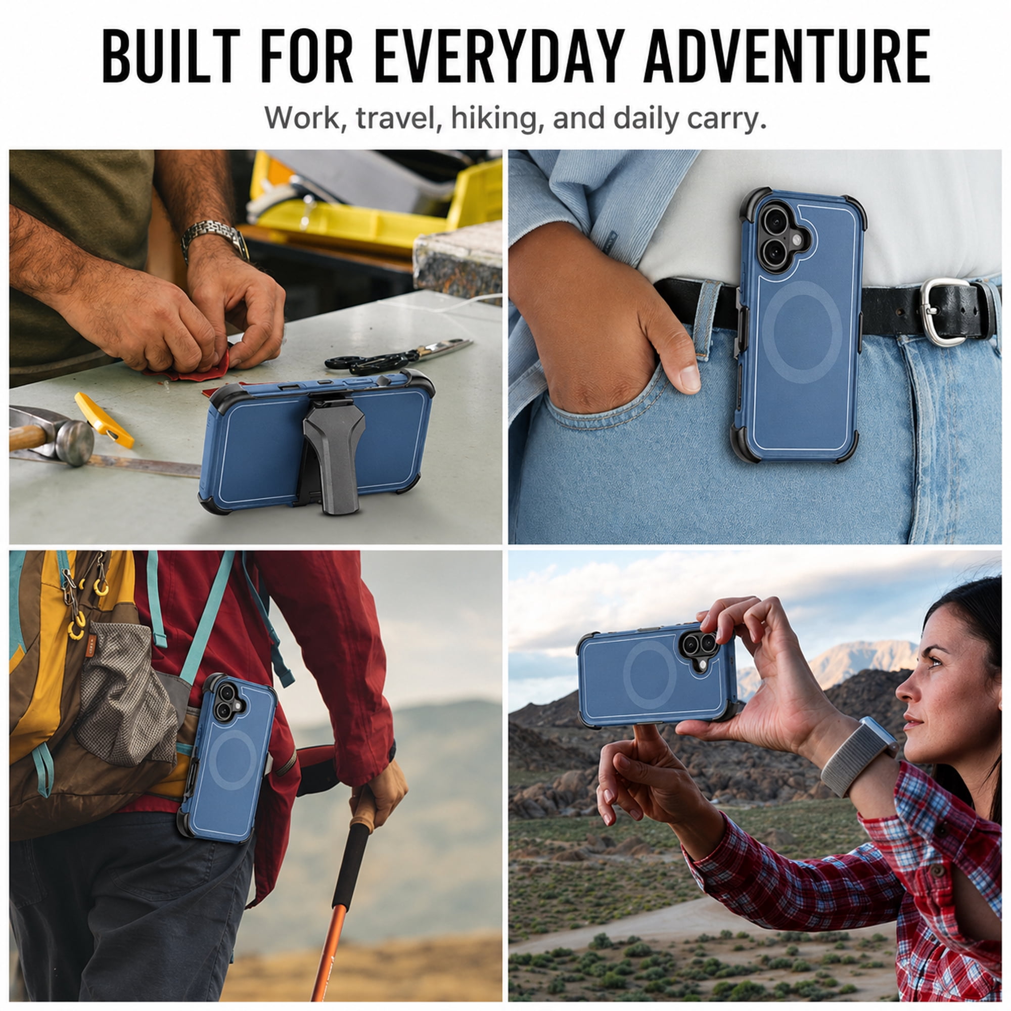 Hybrid Rugged Case with Detachable Belt Clip Holster and Tempered Glass Screen Protector, Magnetic Charging-Compatible, Blue, Compatible with iPhone 17