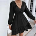 thumbnail image 5 of gakvbuo Fall Dresses for Women Babydoll Dress for Women Fall Dresses Long Sleeve Slim Tunic Dreses V Neck Ruffle Knee Length A-Line Casual Draped High Waist Mini Dress, 5 of 8