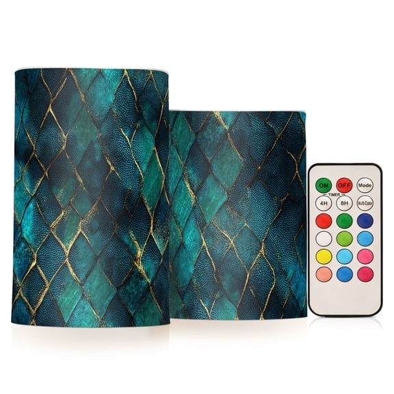 Dark Blue Snakeskin Flickering Flameless Candles Battery Operated with Remote Timer LED Pillar Candles Set of 2