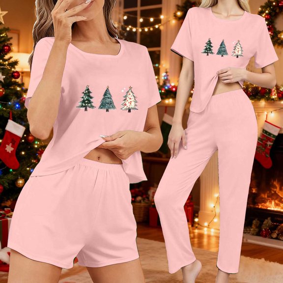 EchfiProm Cute Christmas Pajamas for Women Sleepwear 3 Piece Set Plus Size Short Sleeve Long Pants Holiday Pink Ladies Lounge Sets