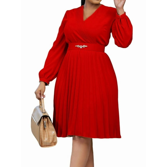 Midi Dress for Women Church Dress Fashion High Waist Business Casual Dress Cocktail with Belt Red S
