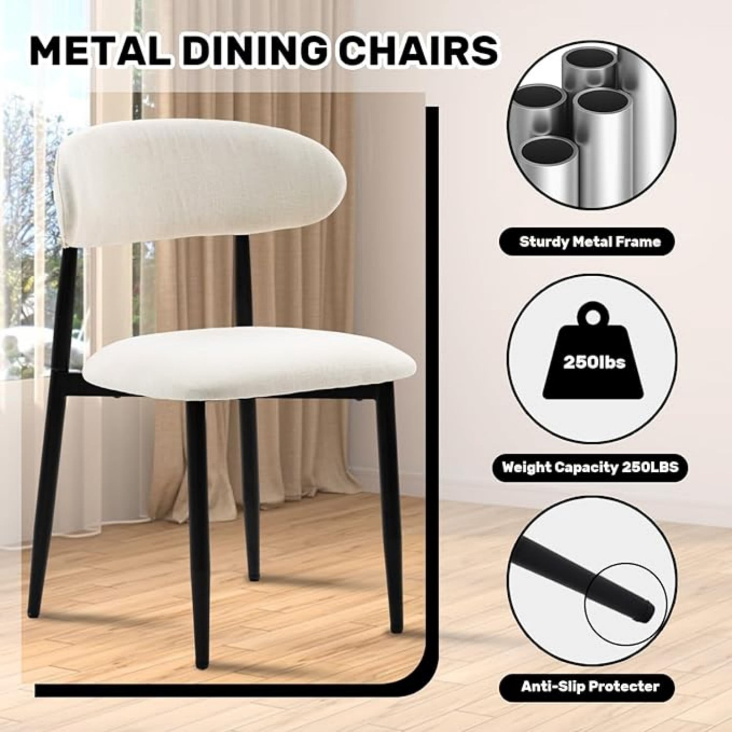 Dining Chairs Set of 2 Metal Kitchen Chairs Modern Upholstered Fabric Dining Room Chairs with Ergonomic Backrest Beige Industrial Farmhouse Style, Black