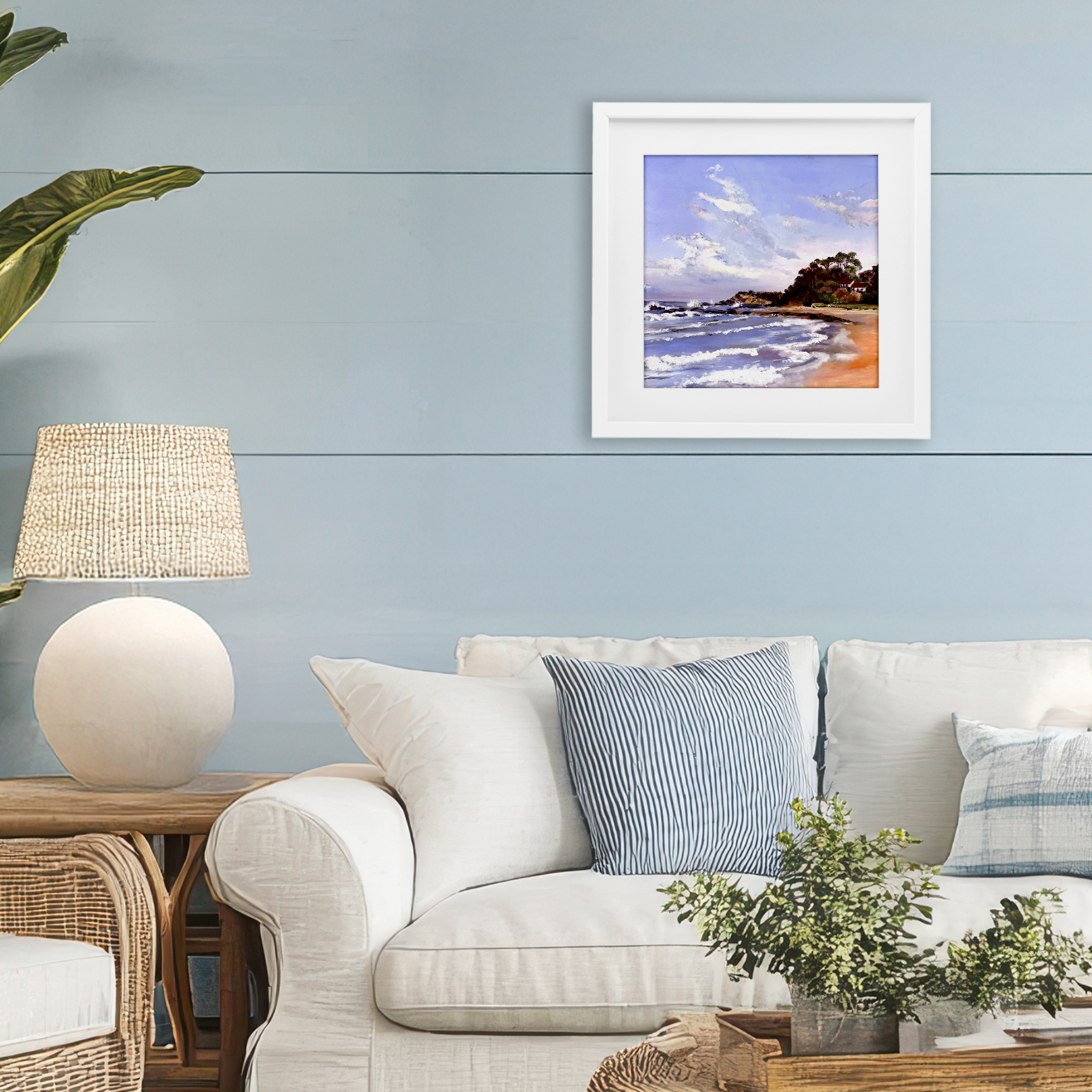 Malua Bay Seascape White Framed Print Under Glass, design by Patricia Reynolds