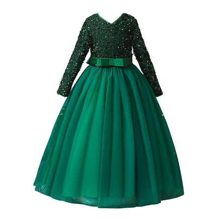 

TheFound Kids Baby Girls Banquet Dress Long Sleeve Sparkly Sequins Bowknot Party Formal Princess Tulle Tutu Wedding Dress