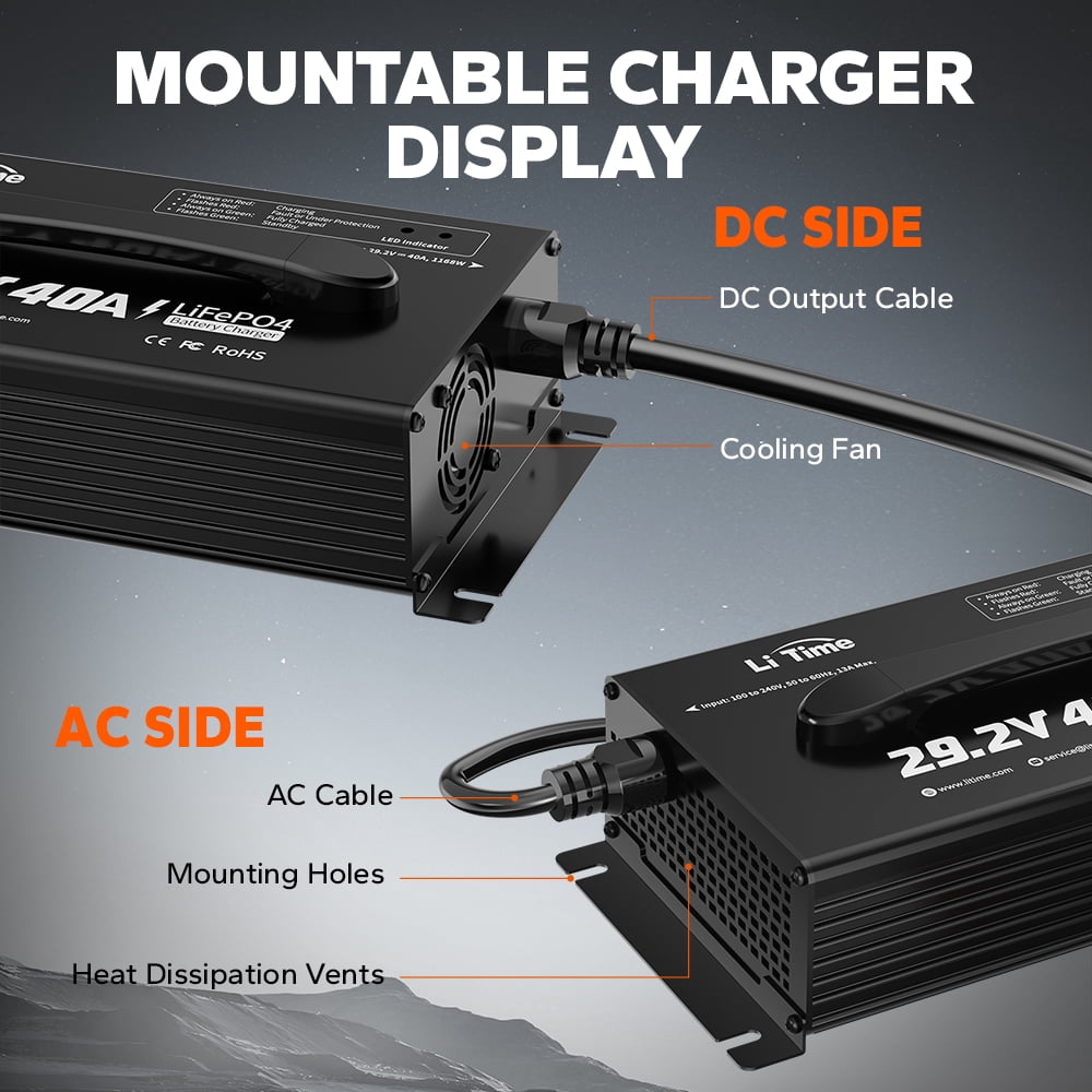 LiTime 24 (29.2) Volt 40A Mountable Lithium Battery Charger Intelligent AC-DC LiFePO4 Lithium Battery Smart Charger for 24Volt Lithium Iron Phosphate Batteries