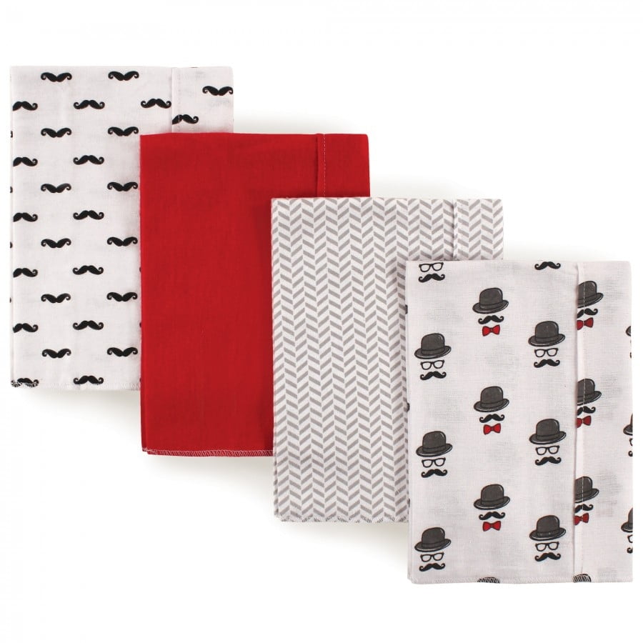 Hudson Baby Infant Boy Cotton Flannel Burp Cloths 4pk, Mustache Hat, One Size