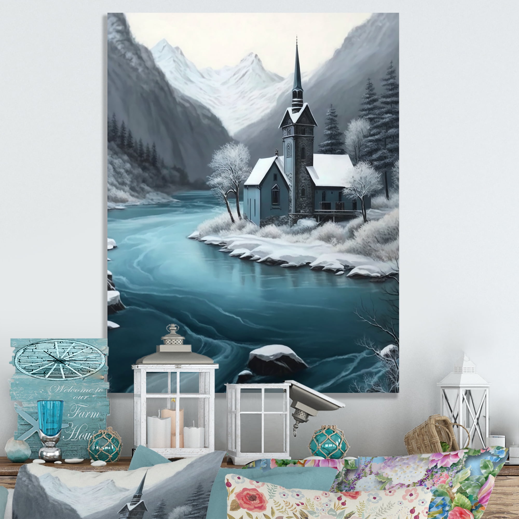 Designart Church On A Lake In Winter III Canvas Wall Art