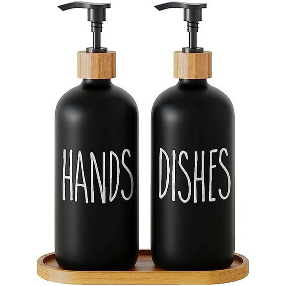 Soap Dispenser,Dish Soap Dispenser for Kitchen Sink.Glass Hand Soap Dispenser, Modern Farmhouse Decor Dish Soap Dispenser for Bathroom,Kitchen Sink Decor (Black Set)