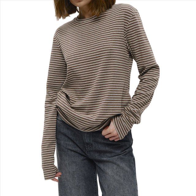 Camiseta de Larga A Rayas para Mujer, Cuello Redondo, Corte Holgado Color Café M