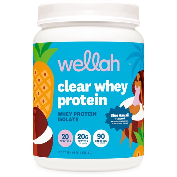 Wellah Clear Whey Protein Isolate Powder (Blue Hawaii) 20 Servings - 20g of Protein Per Serving, 90 Calories, Sweetened with Stevia