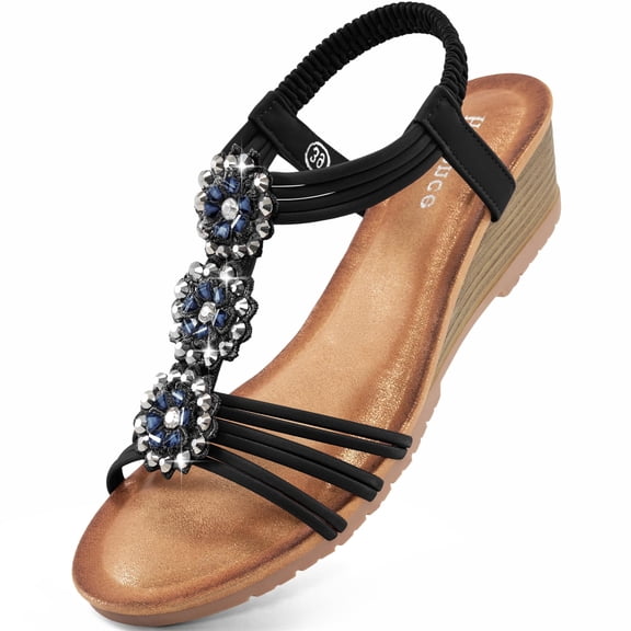 Ablanczoom Womens Wedge Sandals: Comfortable Dressy Sandals Women Shoes Elastic Ankle Strap Summer Beach Footwear