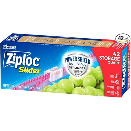 Ziploc Quart Food Storage Slider Bags, Power Shield Technology for More Durability, 42 Count