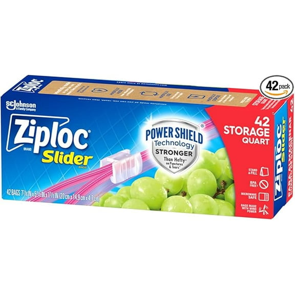 Ziploc Quart Food Storage Slider Bags, Power Shield Technology for More Durability, 42 Count