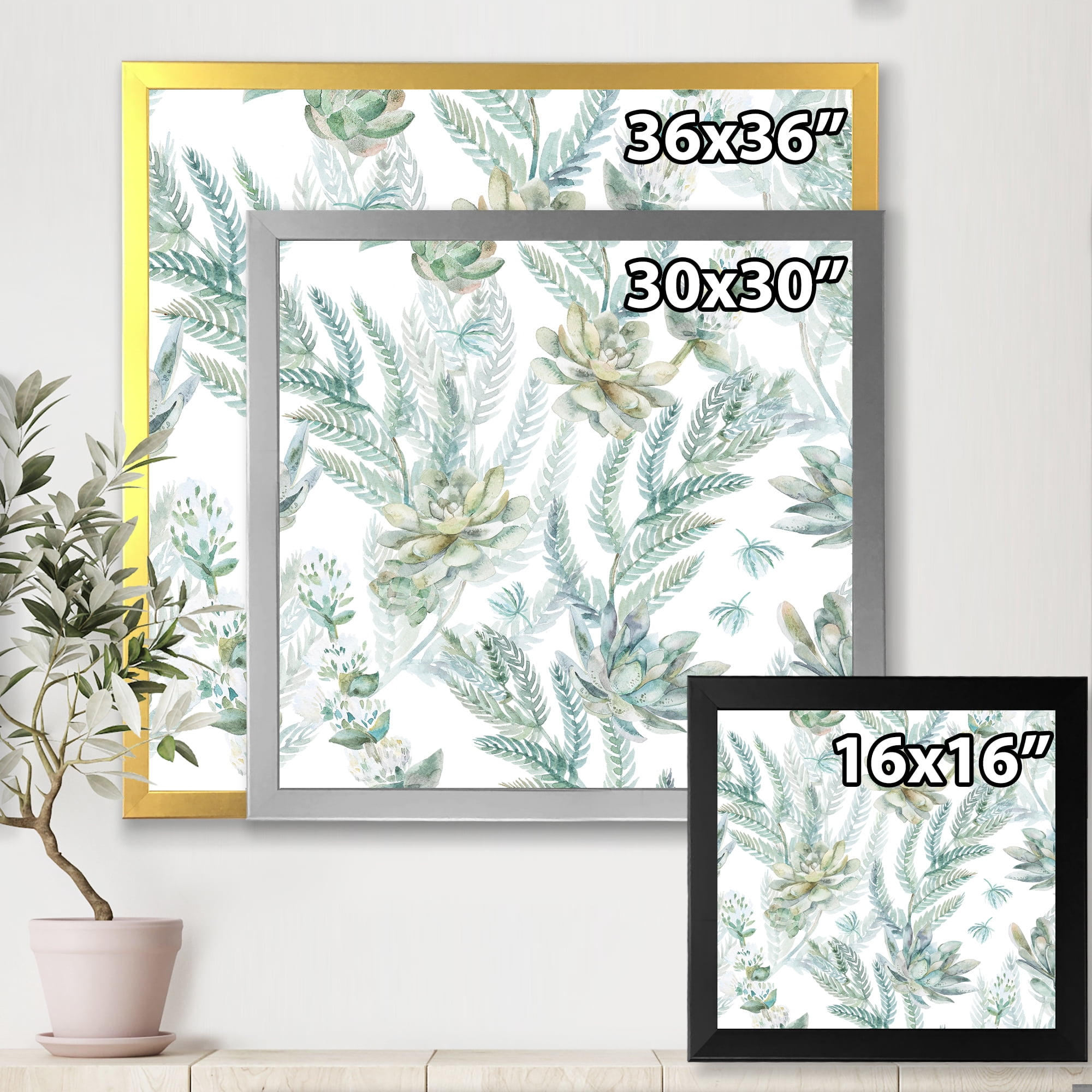 Designart 'Floral Seamless Pattern Succulents and Ferns Thorns' Farmhouse Framed Art Print