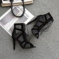 thumbnail image 5 of Zapatos de baile de caña alta para mujer, botas negras de salón, zapatos de salsa y tango, sandalias de tacón alto con recortes de malla para fiesta de moda para niña, verano 2022, 5 of 5