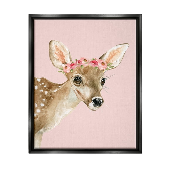 Stupell Industries Baby Deer Flower Crown Animals & Insects Painting Black Floater Framed Canvas Art Print Wall Art, 17 x 21