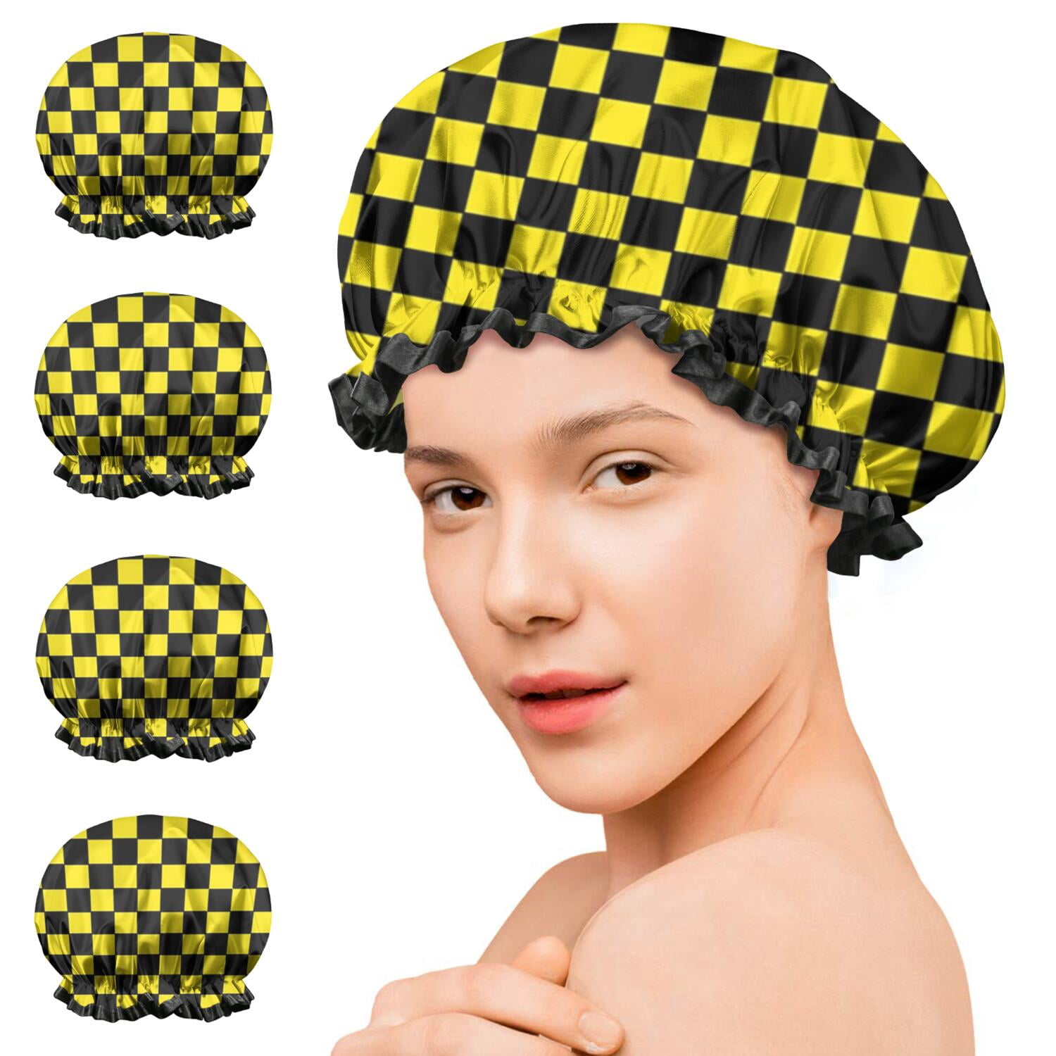 Shower Caps,Yellow and Black Checkered Pattern Waterproof Shower Cap for Women 4 Pieces,Double Reusable Hair Cover for Shower PEVA Elastic Stretch Hem