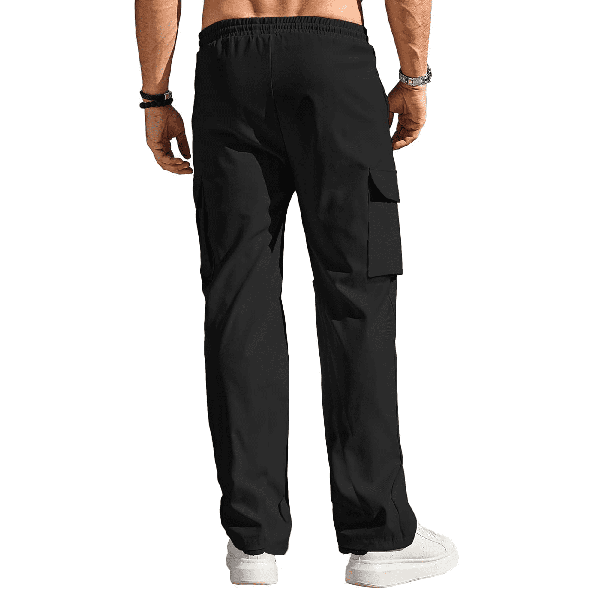 PUZTLOY Men Cargo Pants work Joggers Sweatpants Casual Hiking baggy Workout Drawstring Pants with Multi Pockets Black