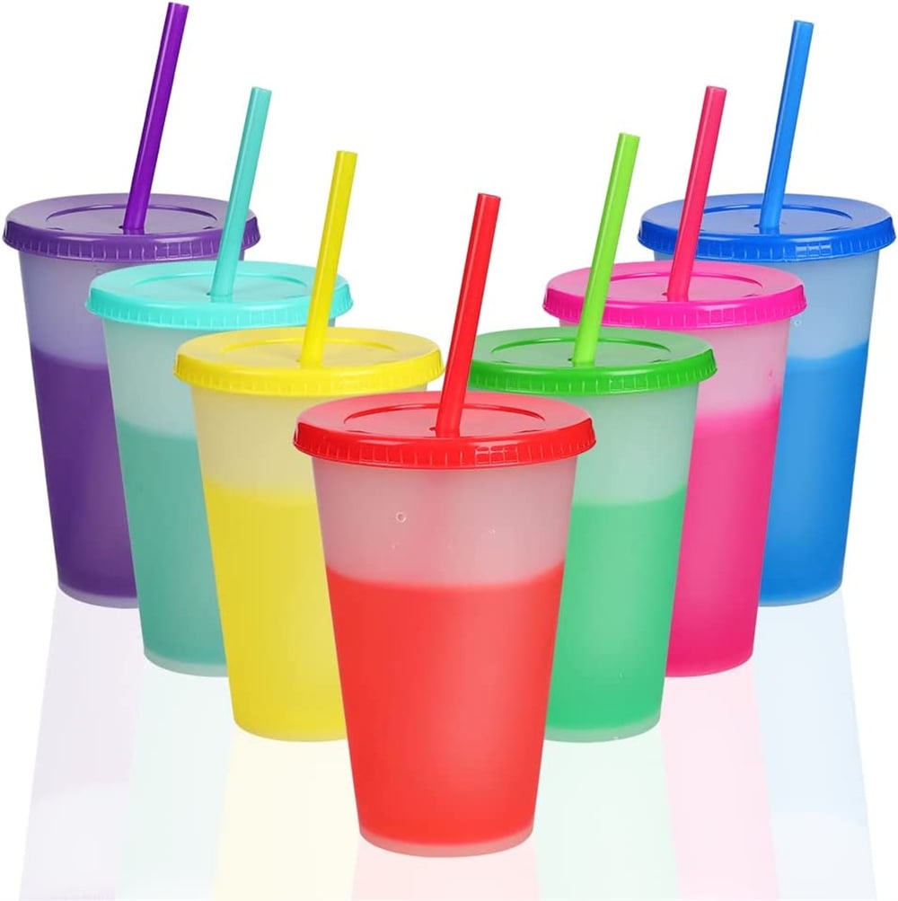 Nogis 12oz Plastic Kids Cups with Lids & Straws - 7 Pack Reusable Color  Changing Cups Adults Drinking Cup