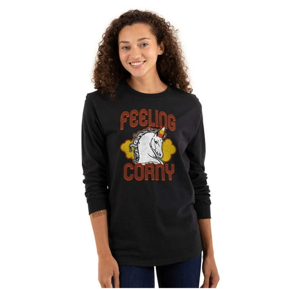 Feeling Corny Candy Corn Unicorn Women Plus Size Long Sleeve Graphic Tee Brisco Brands 2X