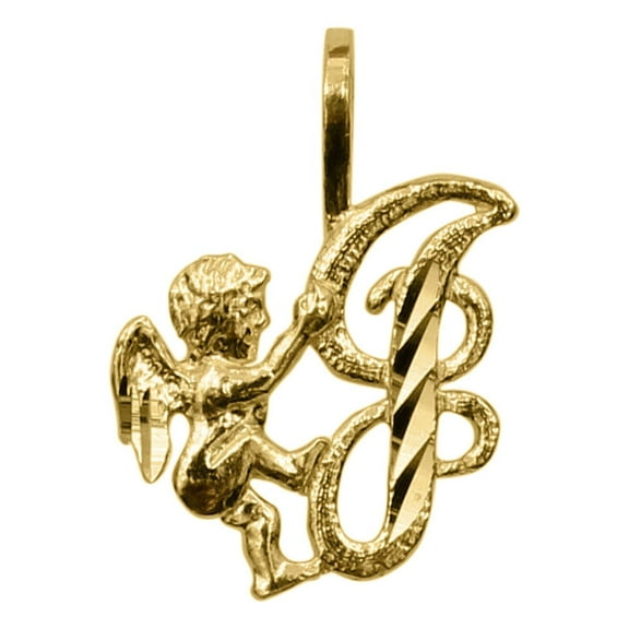 Precious Stars 14K Yellow Gold Cherub and Cursive Initial Letter 'J' Pendant - No Chain, Pendant Only
