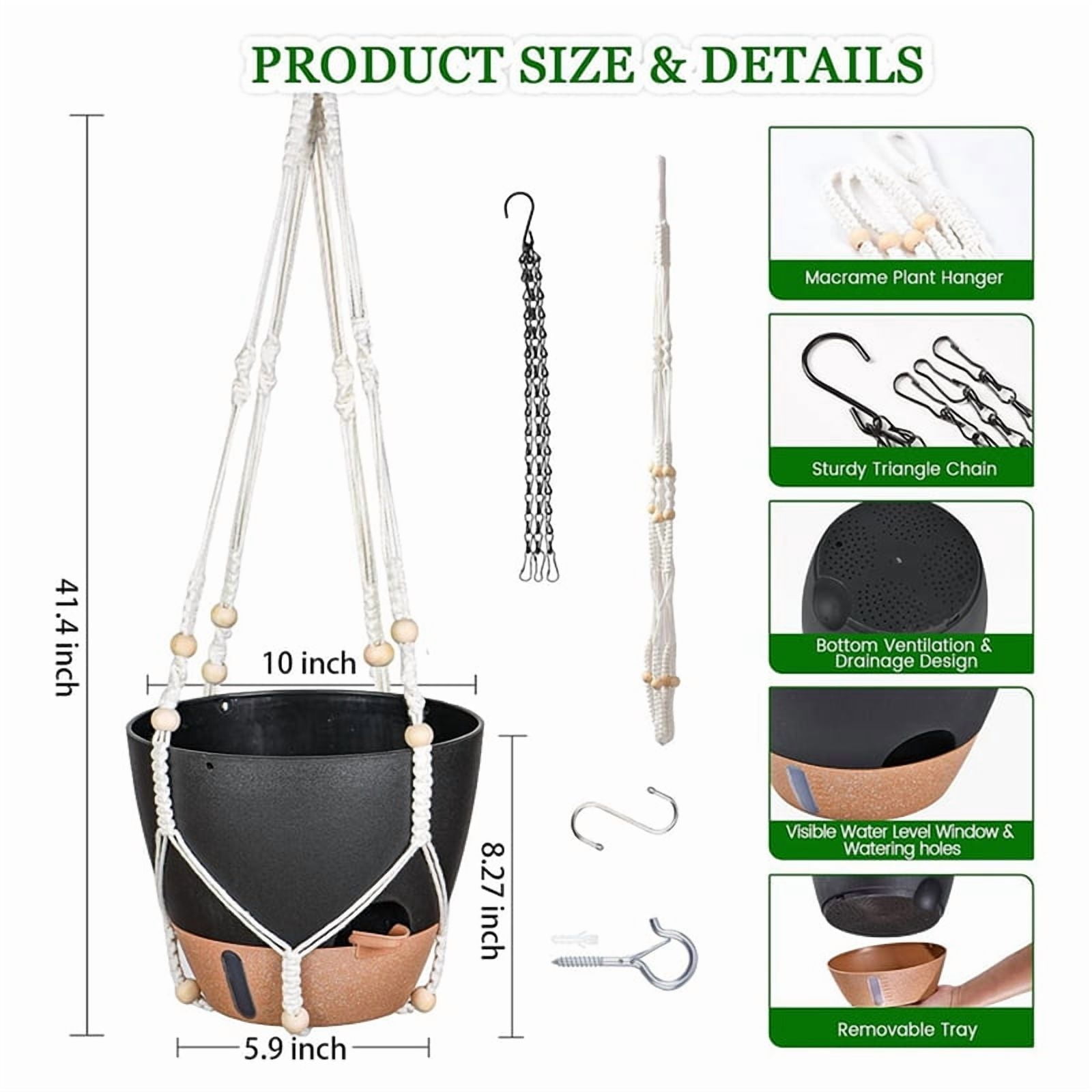 10 Inch Hanging Planter for Indoor Plants, 2 Pack Self Watering Hanging Baskets Flower Pots with Drainage Hole Black